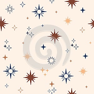 Linear stars and sparks seamless pattern vector