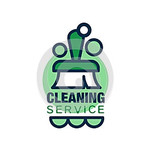 Linear style logo for cleaning service with brush and green circles. Professional cleaner help for housekeeping. Simple