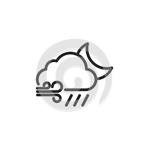 Linear style moon, wind and rainy cloud icon. Simple weather isolated cloud on white background. Flat vector symbol eps10