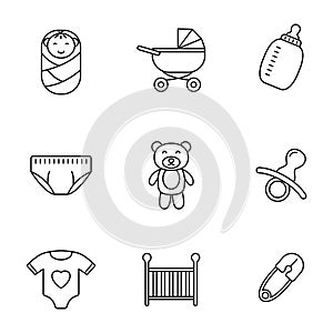 Linear style of newborn baby icon set