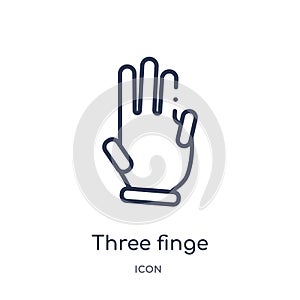 Linear three finge hand gesture icon from Hands and guestures outline collection. Thin line three finge hand gesture icon isolated photo