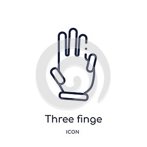 Linear three finge hand gesture icon from Hands and guestures outline collection. Thin line three finge hand gesture icon isolated