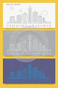 Linear trendy cityscape skyline with various parts of a city