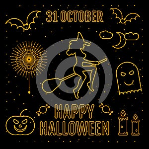 Linear trendy happy halloween silhouettes witch,pumpkin, elements, spider sticker, candy,monster, candle, moon, sky