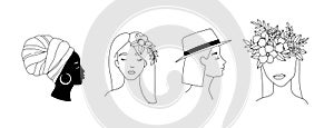 Linear vector collection of women portraits black woman, floral, flowers, hat, bouquet . 4 woman logotypes in monoline style.