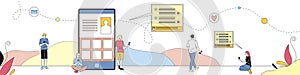 Linear Vector Composition With Male And Female Characters Using Social Network. Cartoon Concept Horizontal Illustration