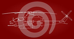 Linear Vector illustration of a military helicopter on a red background.