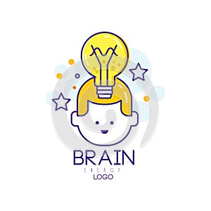 Linear vector logo design with child head, light bulb and stars. Kids education. Concept of thinking and creative idea