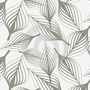 Linear vector pattern, repeating abstract chaotic leaf or leaves in monochrome color.