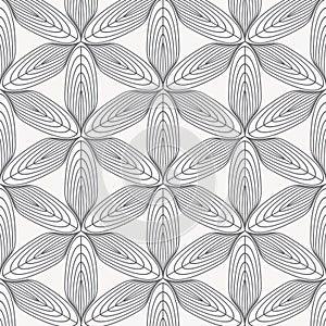 Linear vector pattern, repeating abstract leaves, gray line of leaf or flower, floral.