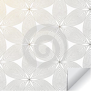 Linear vector pattern repeating abstract linear flower or flora circling on hexagon shape decorated with paper flip.