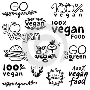 linear vege vegan label set with typographic and graphic doodle elements