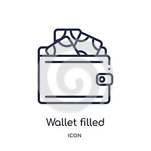 Linear wallet filled money tool icon from Commerce outline collection. Thin line wallet filled money tool icon isolated on white
