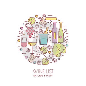 Linear wine bottle, glass, grape vine, leaf icons. Food and dri