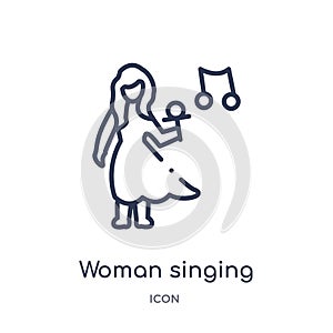 Linear woman singing with microphone icon from Ladies outline collection. Thin line woman singing with microphone icon isolated on