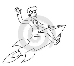 Lineart businessman space rocket ship business startup cartoon design vector illustration