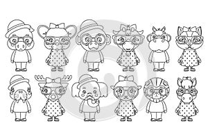 Lineart cute animal boy girl cubs mascot cartoon children icons set coloring book design vector illustration