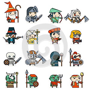 Lineart Fantasy RPG Game Heroes Villains Minions Character Vector Icons Set Flat Design Vector Illustration