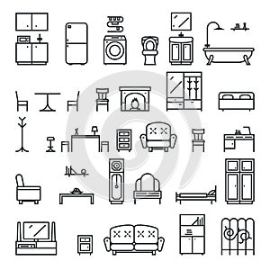 Lineart Flat Furniture Icons and Symbols Set Living Room Isolated Vector Illustration