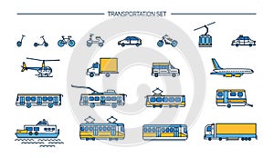 Lineart icon set with ground transport, aviation and water transportation on white background. Collection with bike, bus