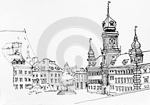 Lineart ink drawing of Warsaw main square landscape, old town vi