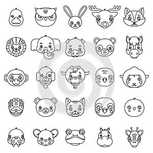Lineart Isolated animals cute baby cartoon cubs flat design head icons set character vector illustration