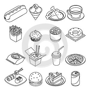 Lineart isometric fast food icons set design vector illustration