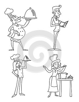 Lineart Male and Female Chief Cook Waiter Garcon Serving Dish and Accepts Order Symbol Food Icons Isolated Retro Vintage photo