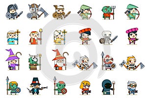 Lineart Male Female Fantasy RPG Game Character Vector Icons Set Vector Illustration