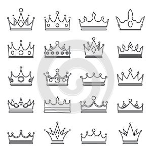 Lineart medieval royal crown queen monarch king lord outline icons set isolated vector illustration