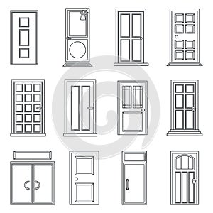 Lineart Old Doors Icons Set House Flat Design Isolated Vector Illustration