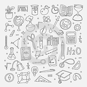 Lined Back to School supplies, elements and objects. Autumn back to school supplies in funny doodle cartooning design