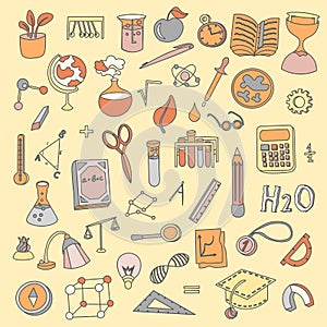 Colored Funny Back to School supplies, elements and objects. Autumn back to school supplies in funny doodle cartooning