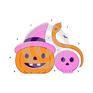 Lined Halloween Pumpkin with Skull and Witchy Snake
