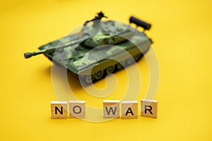 lined with no war on yellow background. Military armored tank. war activities. Conflict between Russia and Ukraine. Flat