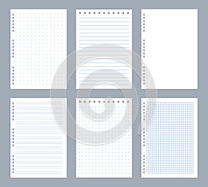 Lined note pages. Diary and notepad. Copybook checkered or dotted papers. Notepaper with spiral binders. Office