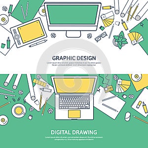 Lined, ouline flat graphic web design. Drawing and painting. Development. Illustration and sketching, freelance. User