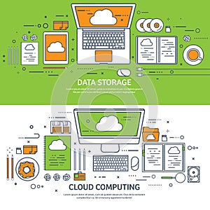 Lined, outline vector illustration. Workplace table with documents, computer. Flat cloud computing background. Media
