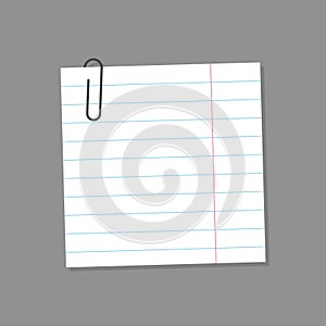 lined paper note with paperclip, blank notebook paper sheet, vector design element