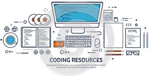 Lined programming,coding and SEO. Outline computing background. Code, hardware software. Web development. Search engine
