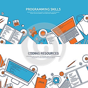 Lined programming,coding and SEO. Outline computing background. Code, hardware software. Web development. Search engine