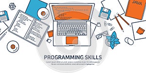 Lined programming,coding and SEO. Outline computing background. Code, hardware software. Web development. Search engine