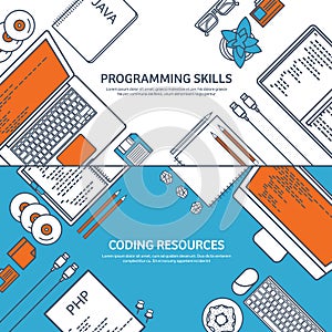 Lined programming,coding and SEO. Outline computing background. Code, hardware software. Web development. Search engine