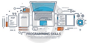 Lined programming,coding and SEO. Outline computing background. Code, hardware software. Web development. Search engine