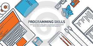 Lined programming,coding and SEO. Outline computing background. Code, hardware software. Web development. Search engine