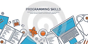 Lined programming,coding and SEO. Outline computing background. Code, hardware software. Web development. Search engine