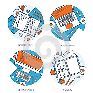 Lined programming,coding and SEO. Outline computing background. Code, hardware software. Web development. Search engine