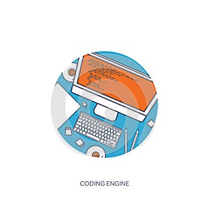 Lined programming,coding and SEO. Outline computing background. Code, hardware software. Web development. Search engine