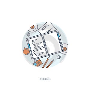 Lined programming,coding and SEO. Outline computing background. Code, hardware software. Web development. Search engine