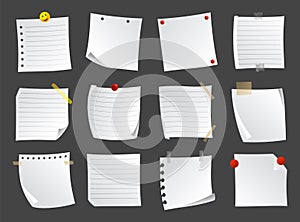 Lined sticky notes set. Blank note paper sheets. Information reminder. Notepads and memo messages, paper sheets. Vector